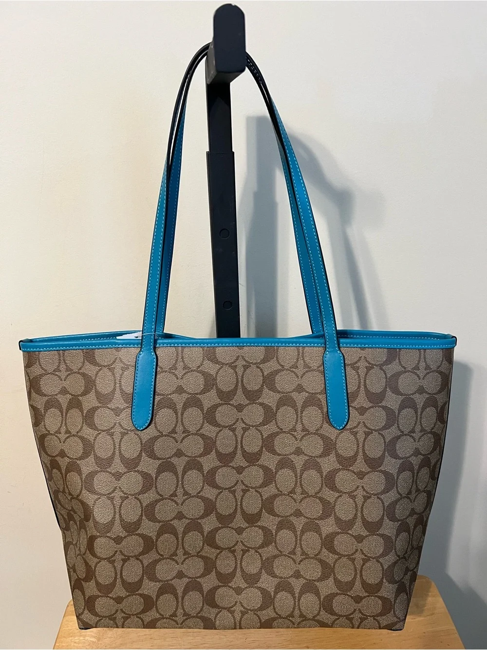 Coach Brown Signature Tote with Turquoise Trim